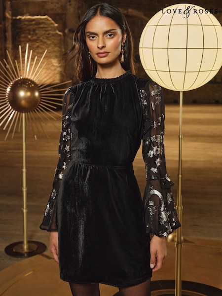 Love & Roses Black Cosmic Metallic Sleeve Velvet Mini Dress (H12825) | £66