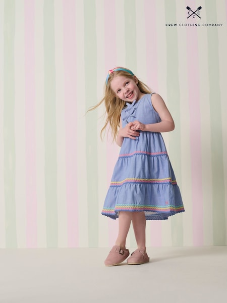 Crew Clothing Blue 100% Cotton Chambray Ric Rac Midi Dress (H13030) | £28 - £32
