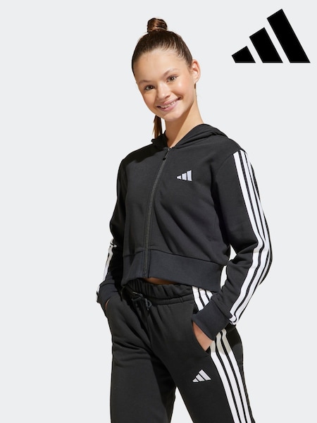 adidas Black Essentials 3-Stripes Crop Zip Kids Hoodie (H13054) | £33