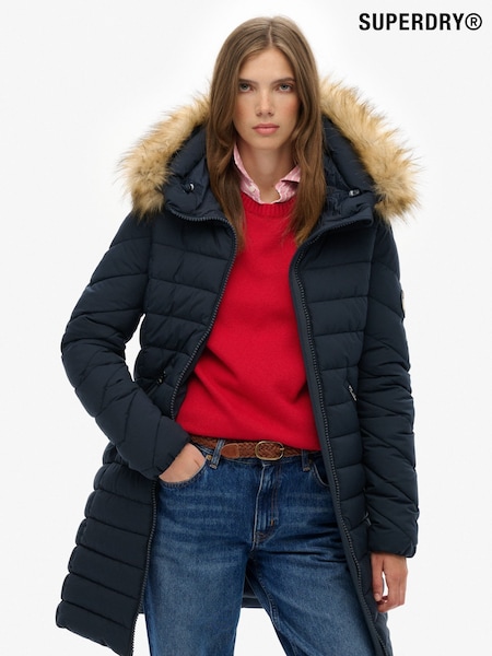 Superdry Blue Fuji Faux Hood Mid Length Coat (H13232) | £110