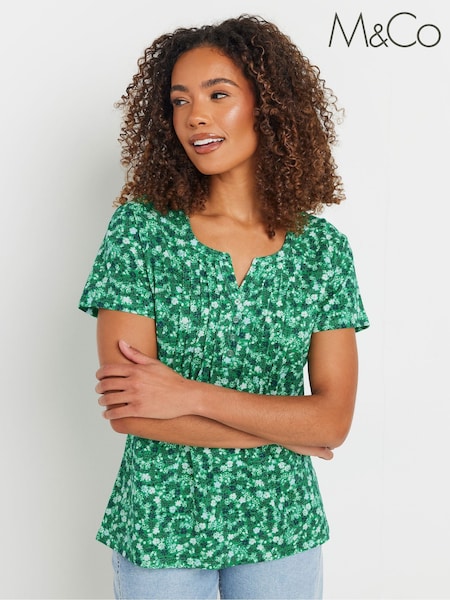 M&Co Green Short Sleeve 100% Cotton Henley Top (H13370) | £21