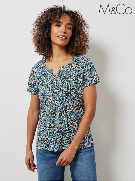 M&Co Navy Blue Floral Short Sleeve 100% Cotton Henley Top (H13371) | £21