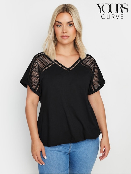 Yours Curve Black Grown On Bubble Hem Crochet 100% Cotton Blouses (H13376) | £22