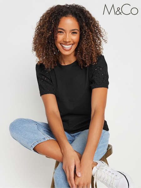 M&Co Black Broderie Puff Sleeve 100% Cotton T-Shirt (H13377) | £23