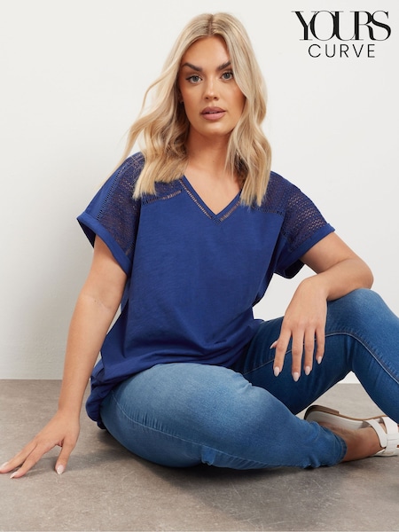 Yours Curve Blue Grown On Bubble Hem Crochet 100% Cotton Blouses (H13379) | £22