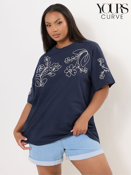 Yours Curve Blue Applique Drop Shoulder 100% Cotton T-Shirt (H13382) | £22
