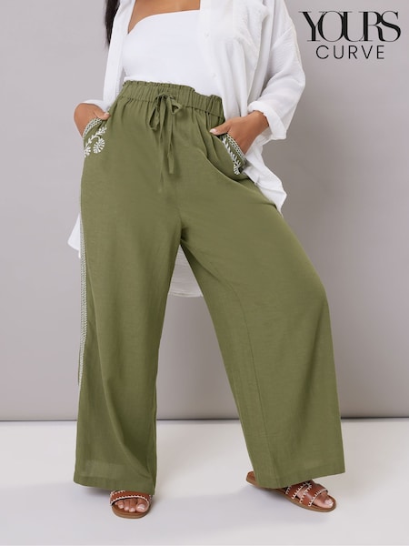 Yours Curve Green Embroidery Wide Leg Trousers (H13391) | £31