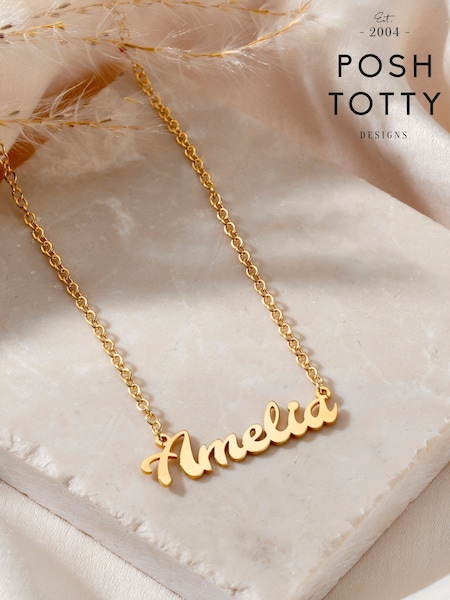 Posh Totty Designs Gold Tone Curved Name Necklace (H13536) | £85