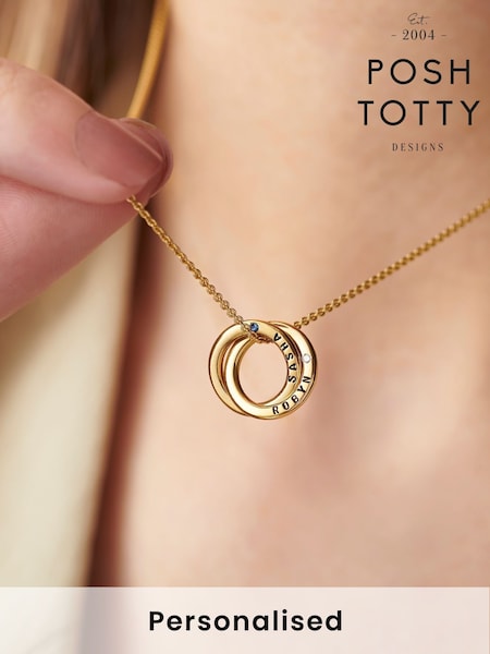 Posh Totty Designs Mini Gold Tone Personalised Two Ring Birthstone Russian Necklace (H13546) | £119