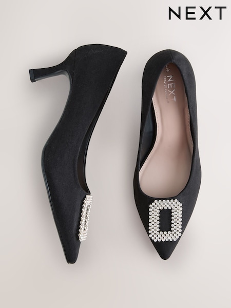 Black Suede Forever Comfort® Leather Jewel Trim Pointed Court Heels (H13584) | £45