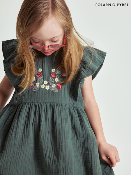 Polarn O Pyret Green Embroidered 100% Organic Cotton Dress (H13664) | £35