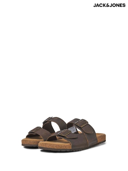 JACK & JONES Brown Leather Buckle Sandals (H13702) | £35