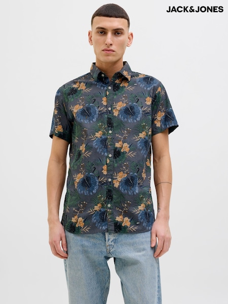 JACK & JONES Grey Hawaiian Resort Short Sleeve 100% Cotton Shirt (H13703) | £24