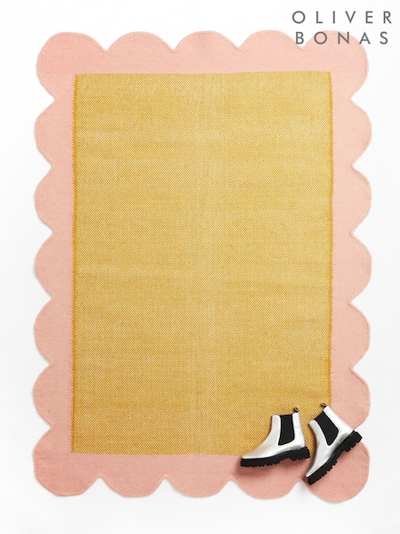 Oliver Bonas Pink Cecily Handwoven Scalloped Wool Cotton Rug (H13728) | £150