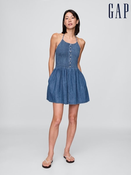 Gap Blue Denim Pintuck Halter Mini Dress (H13798) | £75