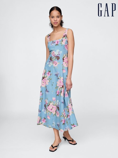 Gap Blue Floral Linen-Blend Square-Neck Maxi Dress (H13802) | £105