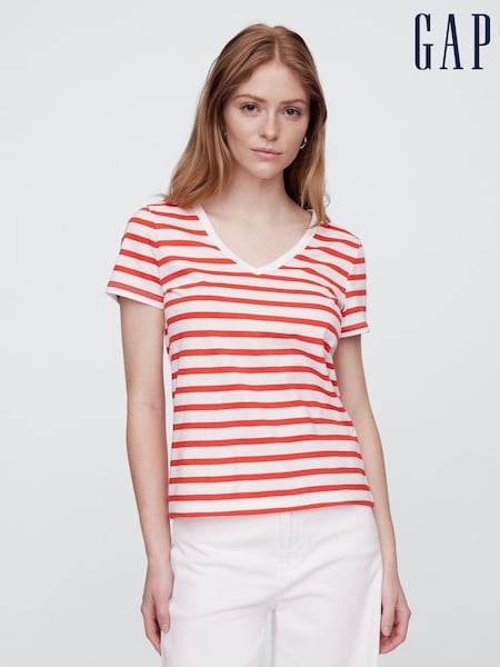 Gap White Stripe Favourite V-Neck T-Shirt (H13845) | £16