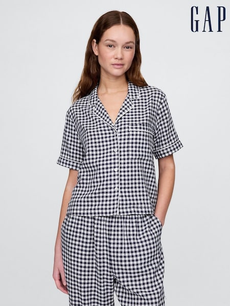 Gap Blue Gingham Linen-Blend Short Sleeve Pyjama Shirt (H13847) | £35