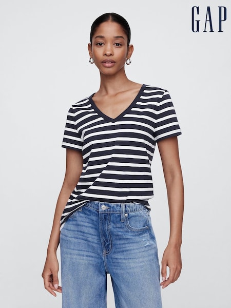Gap Navy Blue Stripe Favourite V-Neck T-Shirt (H13855) | £16