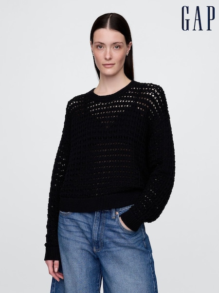 Gap Black 100% Cotton Oversized Crochet Crew Neck Jumper (H13868) | £45