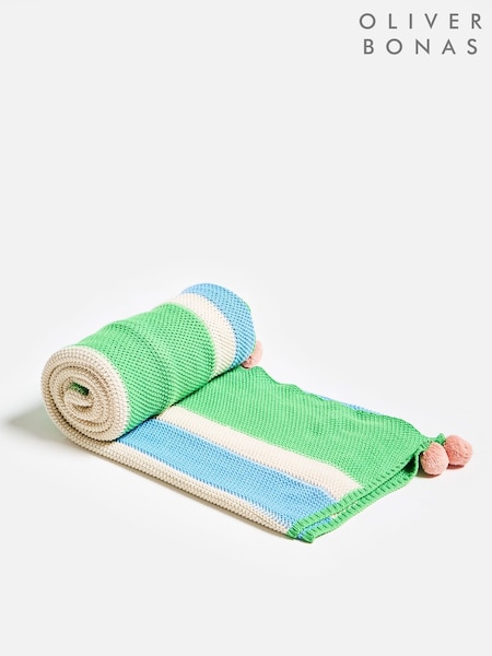 Oliver Bonas Green Striped Knitted 100% Cotton Throw (H13913) | £40