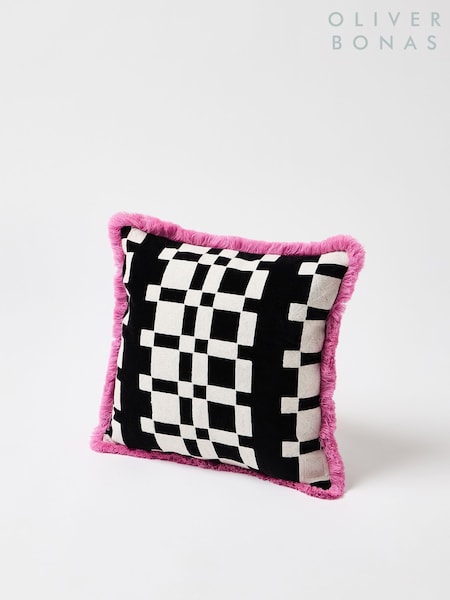 Oliver Bonas Black Embroidered Geometric Fringed Cushion Cover (H13916) | £30