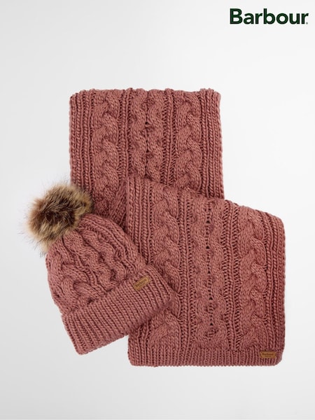 Barbour® Pink Penshaw Pom Beanie Hat & Scarf Gift Box Set (H14032) | £60