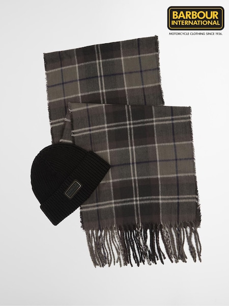 Barbour® International Black Sweeper Beanie Hat & Scarf Gift Box Set (H14081) | £50