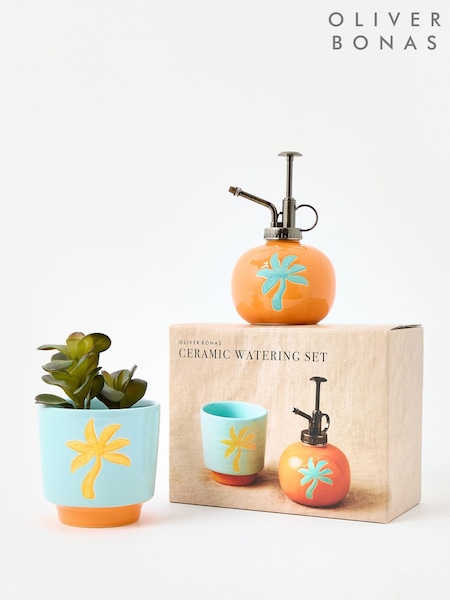 Oliver Bonas Blue Palm Tree Plant Pot & Mister Gift Set (H14142) | £30