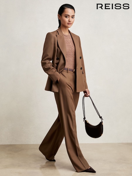 Reiss Tan Solene Petite Wool Blend Double Breasted Suit Blazer (H14144) | £270