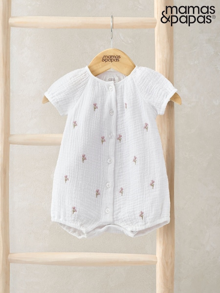 Mamas & Papas Scattered Floral Embroidered Shortie 100% Cotton White Romper (H14171) | £25