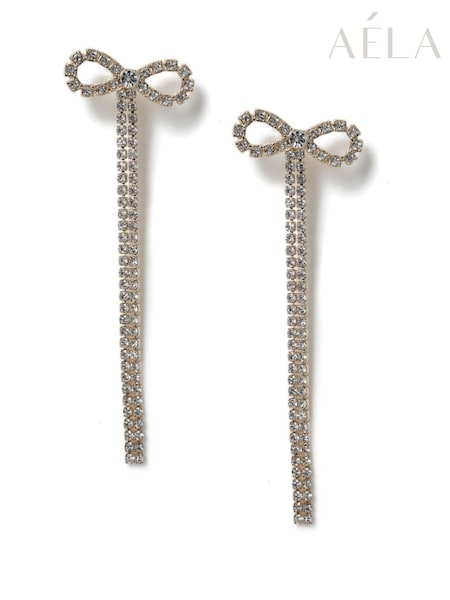 Aela Gold Tone Rhinestone Bow Drop Earrings (H14240) | £12.50