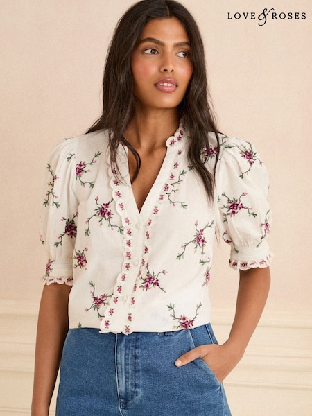 Love & Roses White Ecru Embroidered Short Sleeve Blouse (H14265) | £44