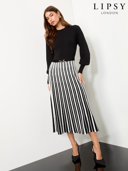 Lipsy Black/White Gold Snaffle Trim Crew Neck Long Sleeve Stripe Patterned Knitted Midi Dress (H14277) | £64