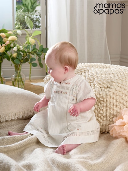 Mamas & Papas Embroidered 100% Cotton White Dress (H14298) | £32