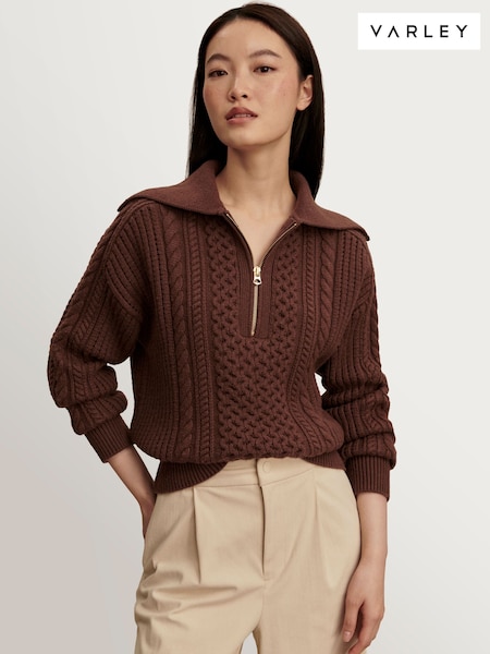 Varley Brown Camello Relaxed Cable Half zip Jumper (H14313) | £160