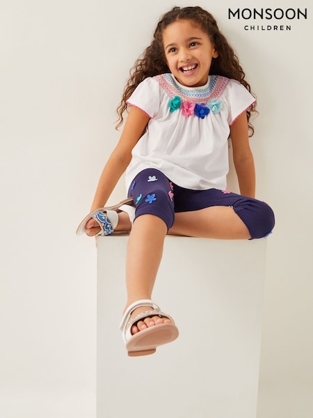 Monsoon Natural 100% Cotton 3D Flower Embroidered Top and Leggings Set (H14385) | £32 - £36