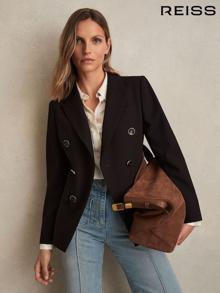 Reiss Chocolate Brown Lia Wool-Blend Double-Breasted Blazer (H14423) | £298