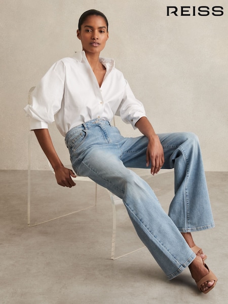 Reiss Light Blue Bonnie Petite Mid-Rise Flared Jeans (H14426) | £130