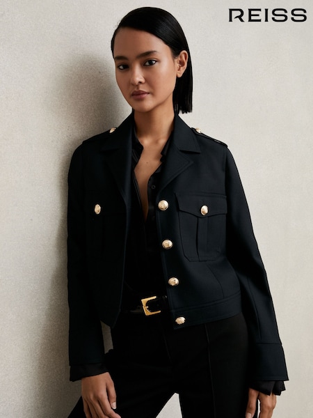 Reiss Black Jaque Wool Twin Pocket Cropped Jacket (H14428) | £250
