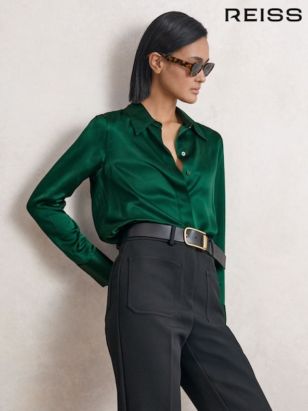 Reiss Green Ameira Silk-Satin Concealed-Placket Shirt (H14443) | £198