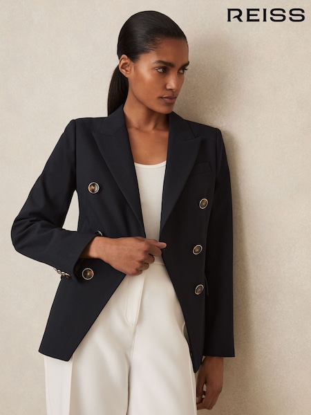 Reiss Navy Lia Wool-Blend Double-Breasted Blazer (H14444) | £298