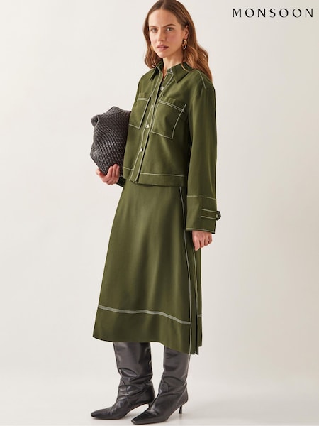 Monsoon Green Katya Tie Waist Midi Skirt (H14459) | £65