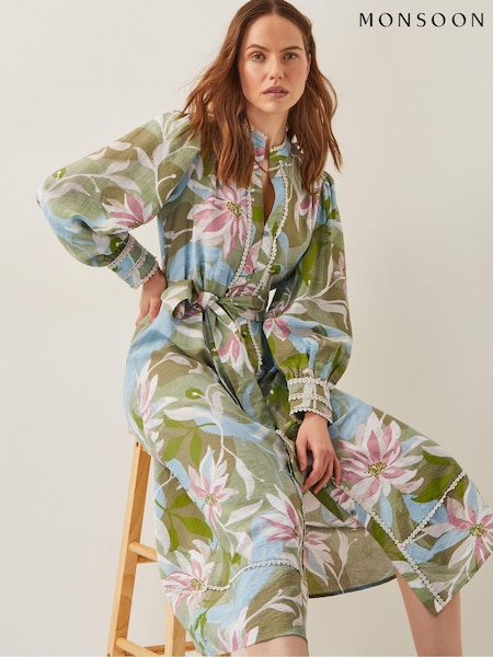 Monsoon Green Piper Floral Print Midi Dress (H14470) | £85