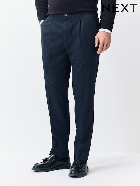 Navy Blue Regular Tapered Fit Smart Textured Soft Touch Trousers (H14483) | £49