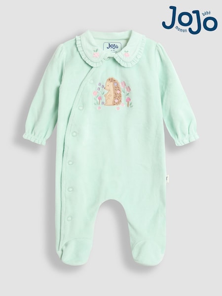 JoJo Maman Bébé Mint Hedgehog Velour Appliqué Footed All-In-One (H14544) | £24