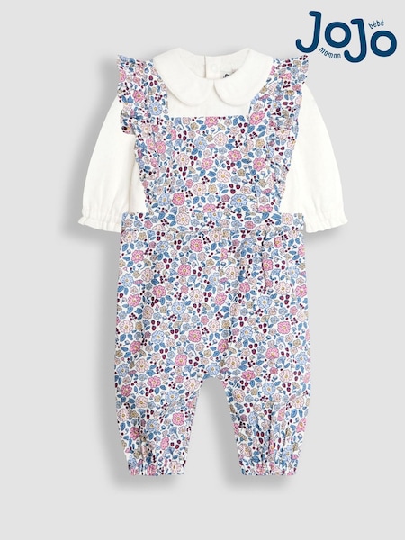 JoJo Maman Bébé Pink Ditsy Floral Cord Frill Dungarees & Body Set (H14552) | £32 - £34
