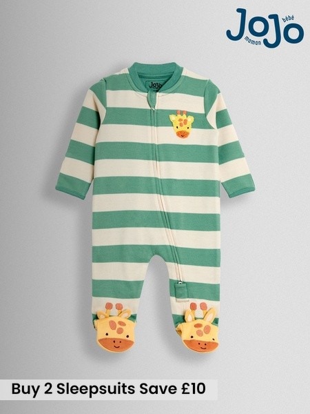JoJo Maman Bébé Green Wide Stripe Character Footed Sleepsuit (H14556) | £22