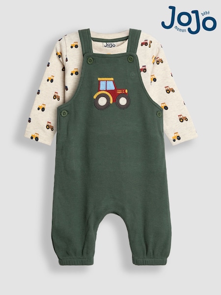 JoJo Maman Bébé Green Tractor 2-Piece Appliqué Waffle Dungarees & Top Set (H14575) | £28 - £29