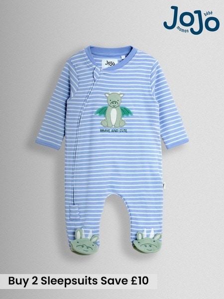JoJo Maman Bébé Blue 100% Cotton Footed Stripe Appliqué  Sleepsuit (H14598) | £22